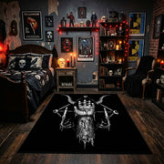 Skeletal Hand Emblem Area Rug displayed beneath gothic wall art