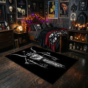 Skeletal Hand Emblem Area Rug styled with red shelves and spooky ornaments