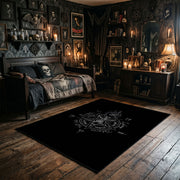 Subtle Occult Crest Area Rug wide room view with Halloween decorations