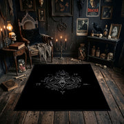 Subtle Occult Crest Area Rug styled in a candlelit gothic living room