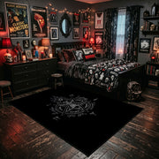 Subtle Occult Crest Area Rug shown beside a dark bed in a Halloween themed bedroom