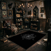 Subtle Occult Crest Area Rug angled view beside gothic bedroom furniture
