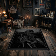 Etched Dark Figure Area Rug styled in a candlelit gothic living room