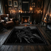 Etched Dark Figure Area Rug displayed beside red accented shelving