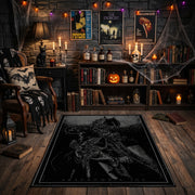 Etched Dark Figure Area Rug front view in a warm candlelit room