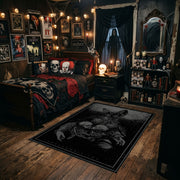 Ornate Shadow Creature Area Rug styled in a gothic bedroom with dark furniture