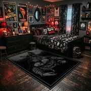 Ornate Shadow Creature Area Rug shown beside a dark bed in a Halloween themed bedroom
