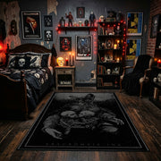 Ornate Shadow Creature Area Rug displayed beneath gothic wall art