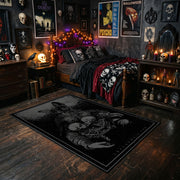 Ornate Shadow Creature Area Rug styled with red shelves and spooky ornaments