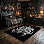 Intricate Skeletal Creature Area Rug wide room view with Halloween decorations