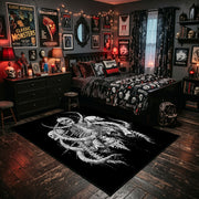 Intricate Skeletal Creature Area Rug shown beside a dark bed in a Halloween themed bedroom