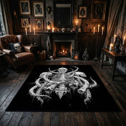 Intricate Skeletal Creature Area Rug displayed beside red accented shelving