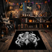 Intricate Skeletal Creature Area Rug front view in a warm candlelit room