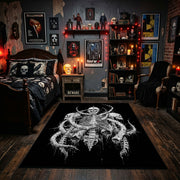 Intricate Skeletal Creature Area Rug displayed beneath gothic wall art