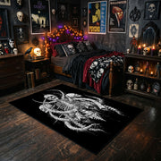 Intricate Skeletal Creature Area Rug styled with red shelves and spooky ornaments