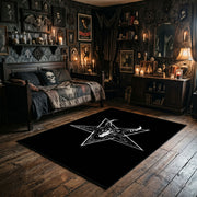 Horned Star Emblem Area Rug wide room view with Halloween decorations