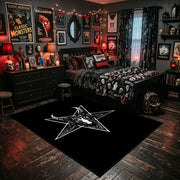 Horned Star Emblem Area Rug shown beside a dark bed in a Halloween themed bedroom