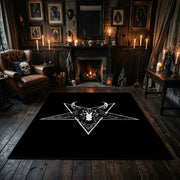 Horned Star Emblem Area Rug displayed beside red accented shelving