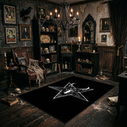 Horned Star Emblem Area Rug angled view beside gothic bedroom furniture