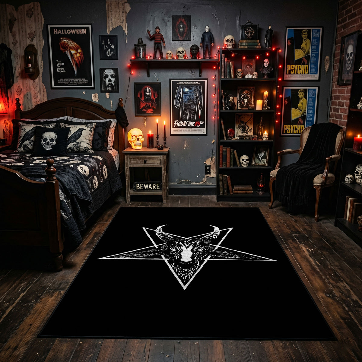 Horned Star Emblem Area Rug displayed beneath gothic wall art