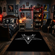 Horned Star Emblem Area Rug displayed beneath gothic wall art