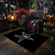 Horned Star Emblem Area Rug styled with red shelves and spooky ornaments