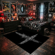 Distressed Star Symbol Area Rug shown beside a dark bed in a Halloween themed bedroom