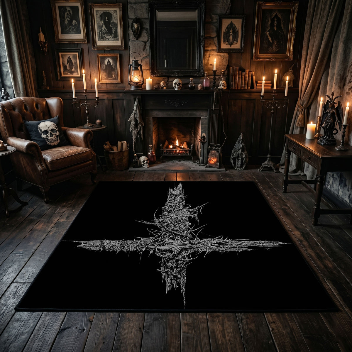 Distressed Star Symbol Area Rug displayed beside red accented shelving