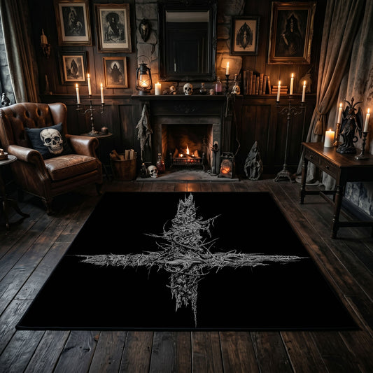 Distressed Star Symbol Area Rug displayed beside red accented shelving