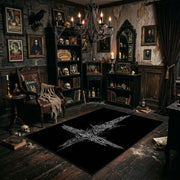 Distressed Star Symbol Area Rug angled view beside gothic bedroom furniture