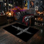 Distressed Star Symbol Area Rug styled with red shelves and spooky ornaments