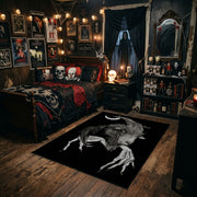 Moonlit Horned Figure Area Rug styled in a gothic bedroom with dark furniture