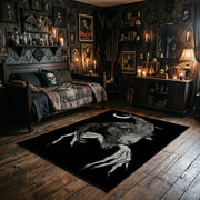 Moonlit Horned Figure Area Rug wide room view with Halloween decorations