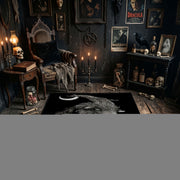 Moonlit Horned Figure Area Rug styled in a candlelit gothic living room