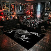 Moonlit Horned Figure Area Rug shown beside a dark bed in a Halloween themed bedroom