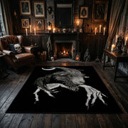 Moonlit Horned Figure Area Rug displayed beside red accented shelving