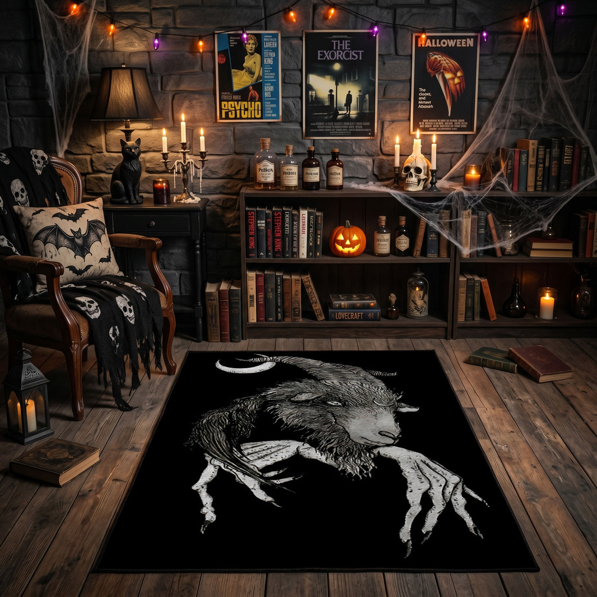 Moonlit Horned Figure Area Rug front view in a warm candlelit room