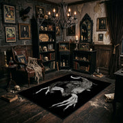 Moonlit Horned Figure Area Rug angled view beside gothic bedroom furniture