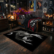Moonlit Horned Figure Area Rug styled with red shelves and spooky ornaments