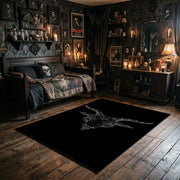 Skeletal Gesture Area Rug wide room view with Halloween decorations