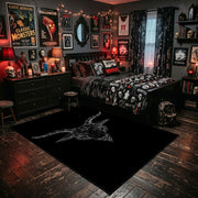 Skeletal Gesture Area Rug shown beside a dark bed in a Halloween themed bedroom