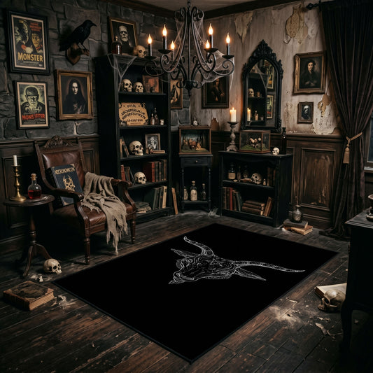 Skeletal Gesture Area Rug angled view beside gothic bedroom furniture