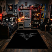 Skeletal Gesture Area Rug displayed beneath gothic wall art