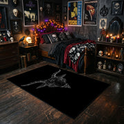 Skeletal Gesture Area Rug styled with red shelves and spooky ornaments