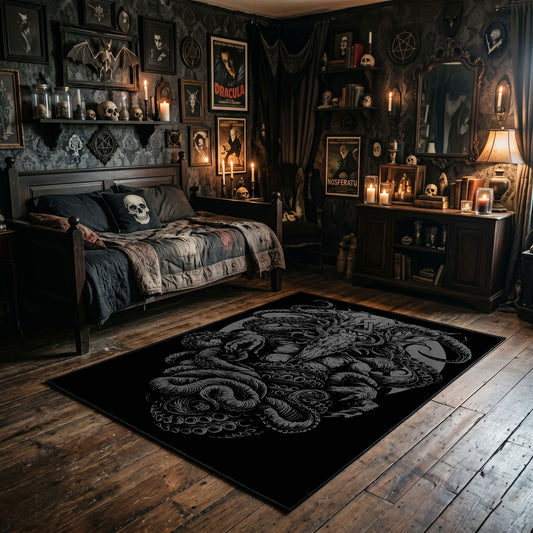 Serpentine Skull Area Rug wide room view with Halloween decorations