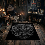 Serpentine Skull Area Rug styled in a candlelit gothic living room