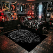 Serpentine Skull Area Rug shown beside a dark bed in a Halloween themed bedroom