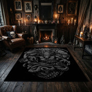 Serpentine Skull Area Rug displayed beside red accented shelving