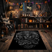 Serpentine Skull Area Rug front view in a warm candlelit room