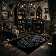 Serpentine Skull Area Rug angled view beside gothic bedroom furniture